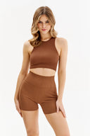 Bezszwowy top damski Gabriella Rib z dekoltem halter w kolorze mocca, rozmiar S/M #extras_mocca
